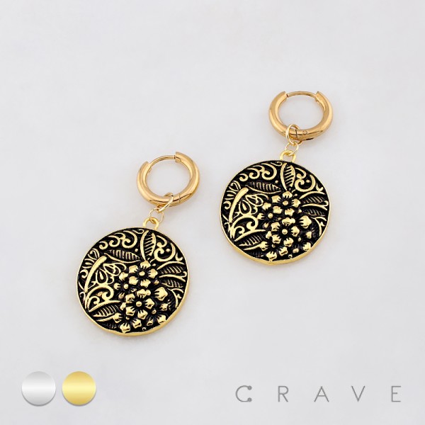 PAIR OF FLORAL FILIGREE CIRCLE DANGLE 316L SURGICAL STEEL HUGGIE/HOOP EARRINGS 